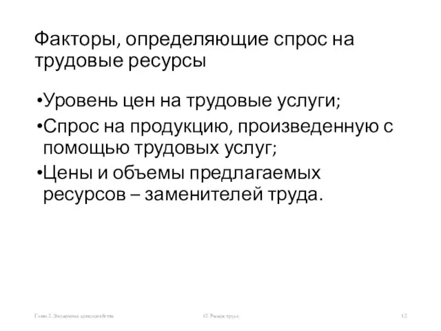 Факторы, определяющие спрос на трудовые ресурсы Уровень цен на трудовые