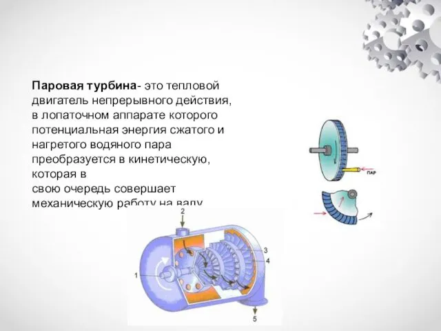 Паровая турбина Паровая турбина- это тепловой двигатель непрерывного действия, в