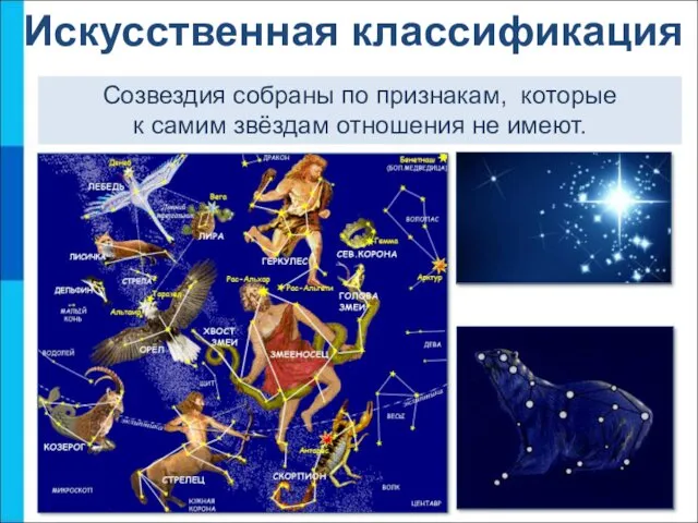 Искусственная классификация Созвездия собраны по признакам, которые к самим звёздам отношения не имеют.