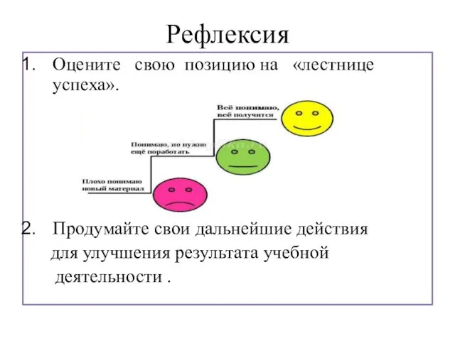 Рефлексия Оцените свою позицию на «лестнице успеха». Продумайте свои дальнейшие