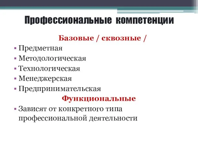 Профессиональные компетенции Базовые / сквозные / Предметная Методологическая Технологическая Менеджерская