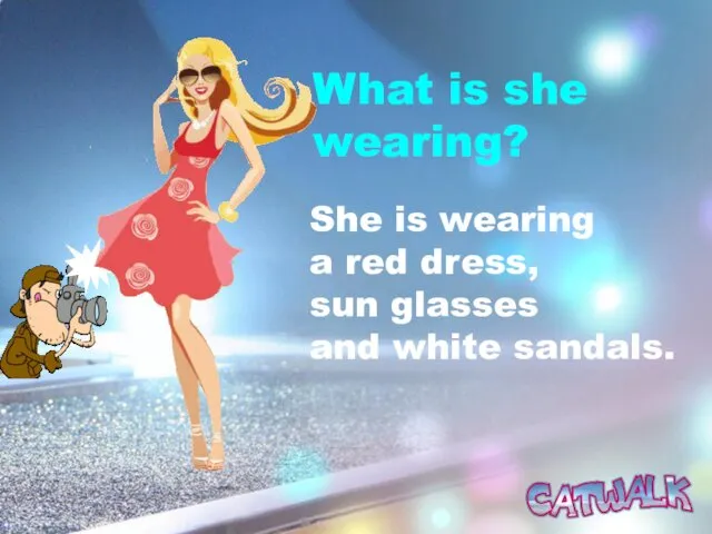 What is she wearing? She is wearing a red dress, sun glasses and white sandals.
