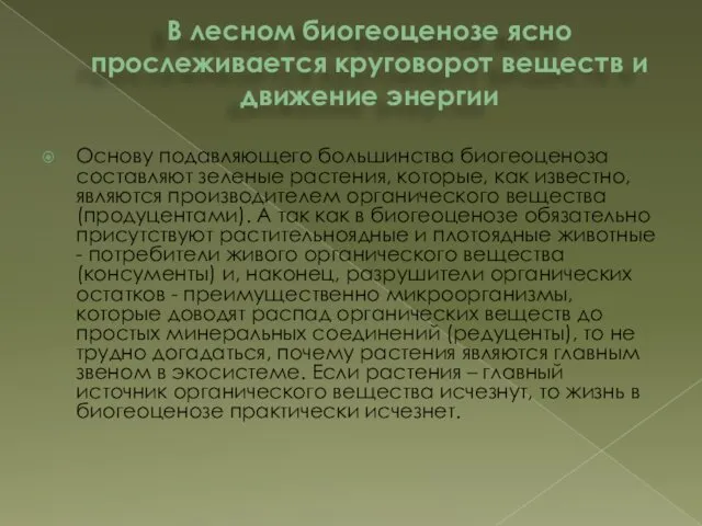 В лесном биогеоценозе ясно прослеживается круговорот веществ и движение энергии