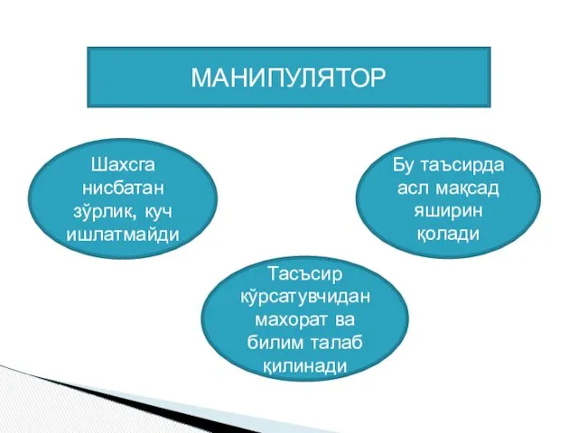 МАНИПУЛЯТОР Шахсга нисбатан зўрлик, куч ишлатмайди Бу таъсирда асл мақсад