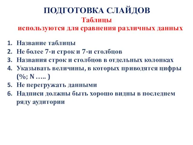 используются для сравнения различных данных Название таблицы Не более 7-и строк и 7-и