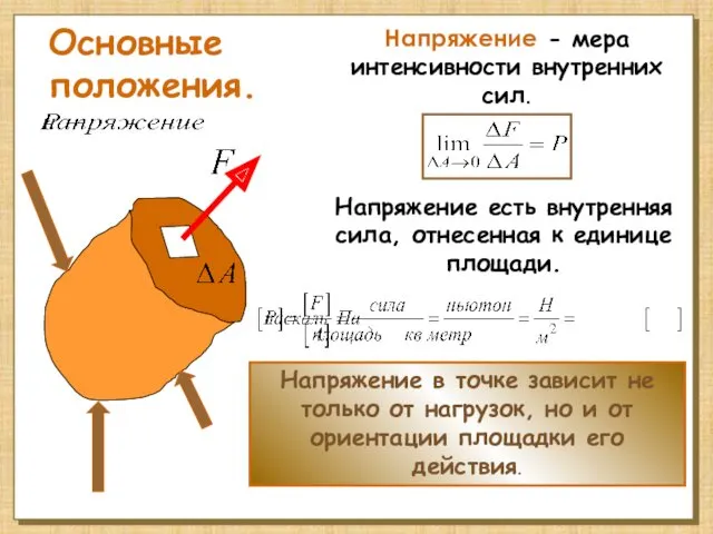 Основные положения. Напряжение - мера интенсивности внутренних сил. Напряжение есть