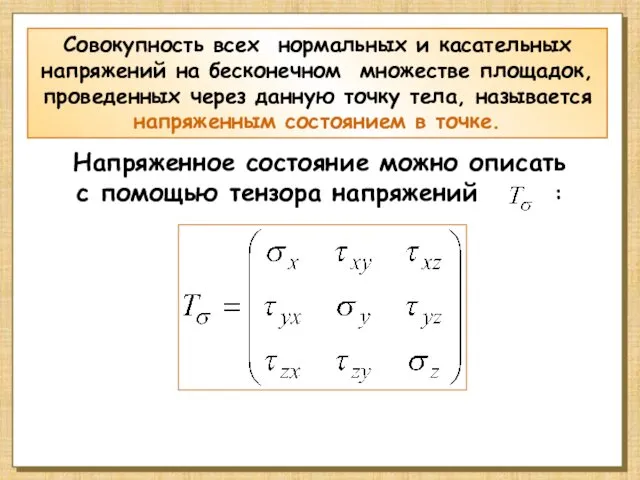 Совокупность всех нормальных и касательных напряжений на бесконечном множестве площадок,