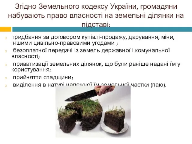 Згідно Земельного кодексу України, громадяни набувають право власності на земельні