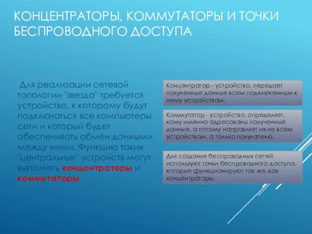 КОНЦЕНТРАТОРЫ, КОММУТАТОРЫ И ТОЧКИ БЕСПРОВОДНОГО ДОСТУПА Для реализации сетевой топологии "звезда" требуется устройство,