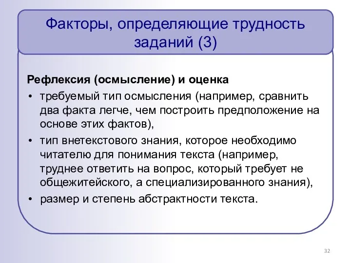 Факторы, определяющие трудность заданий (3) Рефлексия (осмысление) и оценка требуемый