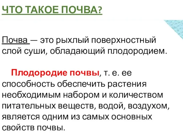 ЧТО ТАКОЕ ПОЧВА? Почва — это рыхлый поверхностный слой суши,