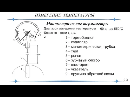 ИЗМЕРЕНИЕ ТЕМПЕРАТУРЫ Манометрические термометры -60 д - до 550°С Диапазон