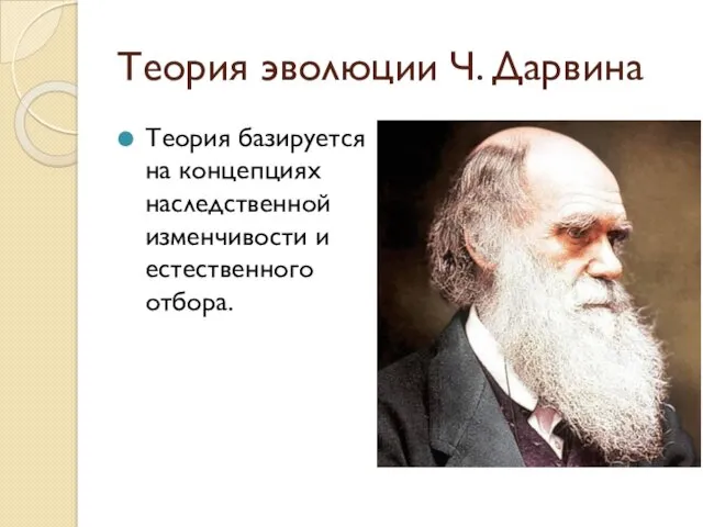 Теория эволюции Ч. Дарвина Теория базируется на концепциях наследственной изменчивости и естественного отбора.