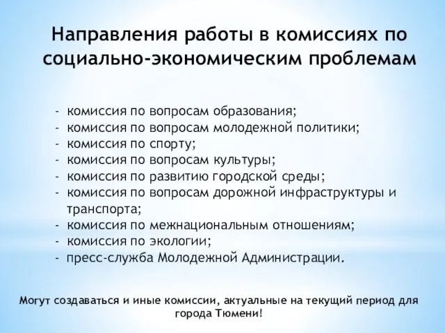 Направления работы в комиссиях по социально-экономическим проблемам комиссия по вопросам