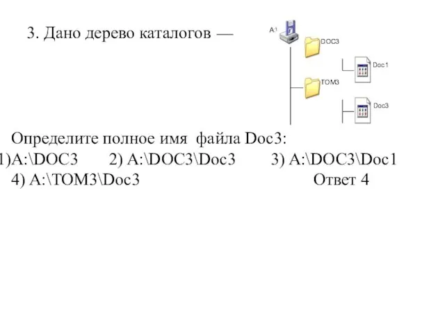 3. Дано дерево каталогов Определите полное имя файла Doc3: A:\DOC3 2) A:\DOC3\Doc3 3)