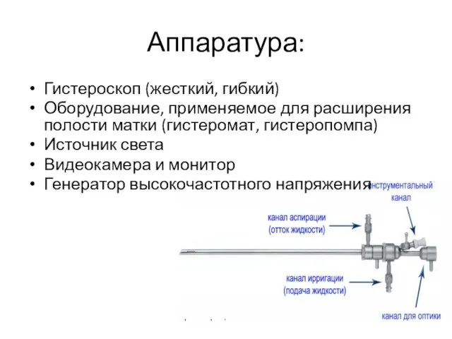 Аппаратура: Гистероскоп (жесткий, гибкий) Оборудование, применяемое для расширения полости матки
