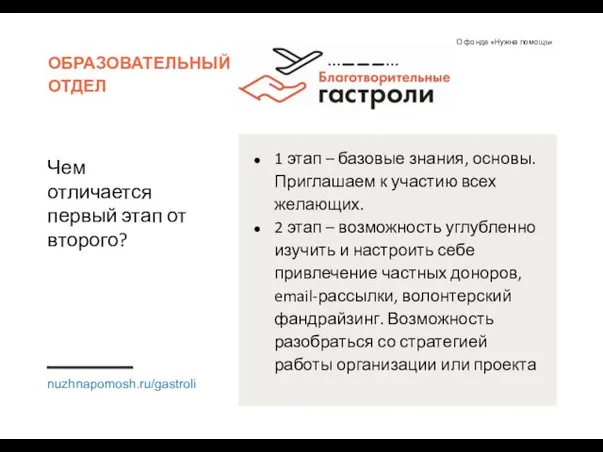 Чем отличается первый этап от второго? nuzhnapomosh.ru/gastroli ОБРАЗОВАТЕЛЬНЫЙ ОТДЕЛ 1