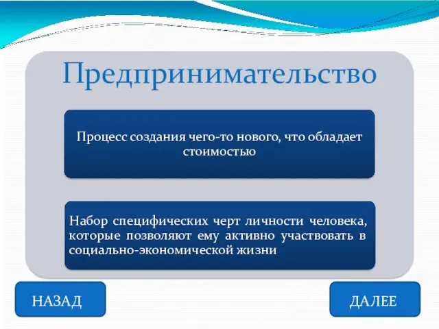 НАЗАД ДАЛЕЕ Предпринимательство