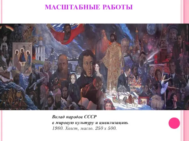 МАСШТАБНЫЕ РАБОТЫ Вклад народов СССР в мировую культуру и цивилизацию. 1980. Холст, масло. 250 х 500.