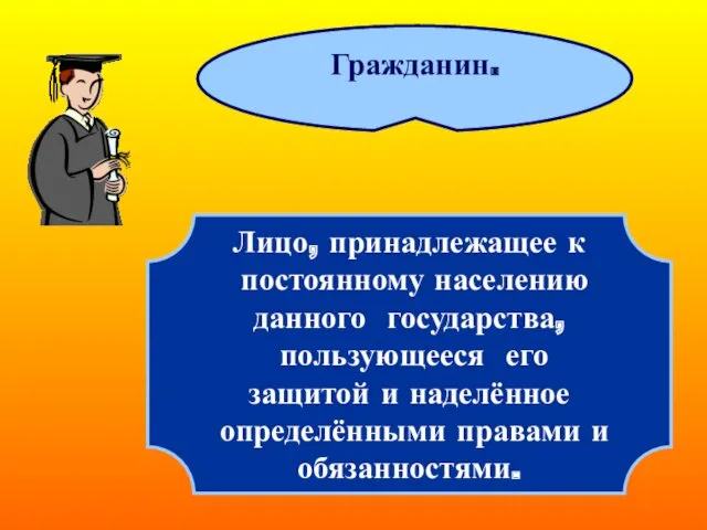 Гражданин. Лицо, принадлежащее к постоянному населению данного государства, пользующееся его