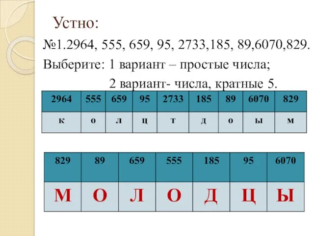 Устно: №1.2964, 555, 659, 95, 2733,185, 89,6070,829. Выберите: 1 вариант – простые числа;