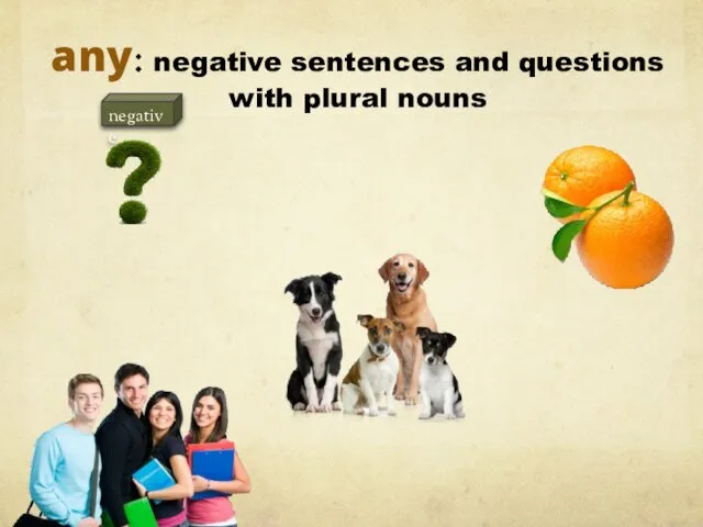 any: negative sentences and questions with plural nouns there aren’t any dogs are