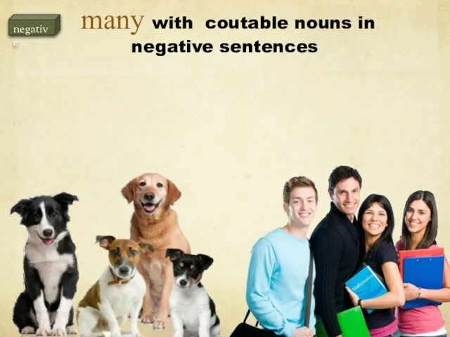 many with coutable nouns in negative sentences There aren’t many students There aren’t many dogs negative