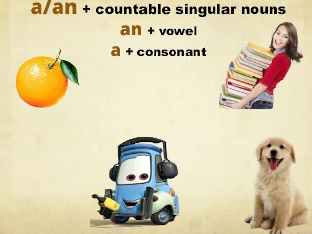 a/an + countable singular nouns an + vowel a + consonant an orange