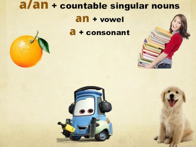 a/an + countable singular nouns an + vowel a +