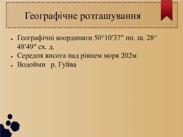 Географічне розташування Географічні координати 50°10′37″ пн. ш. 28°48′49″ сх. д.