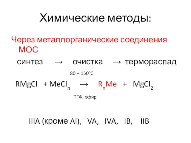 Химические методы: Через металлорганические соединения МОС синтез → очистка →