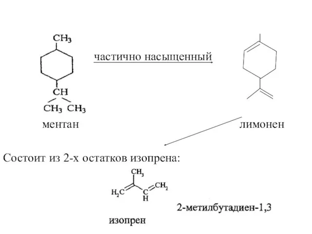 частично насыщенный ментан лимонен Состоит из 2-х остатков изопрена: