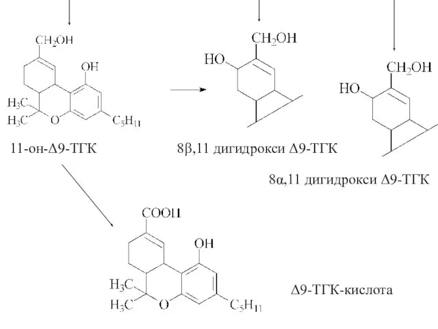 11-он-Δ9-ТГК 8β,11 дигидрокси Δ9-ТГК 8α,11 дигидрокси Δ9-ТГК Δ9-ТГК-кислота