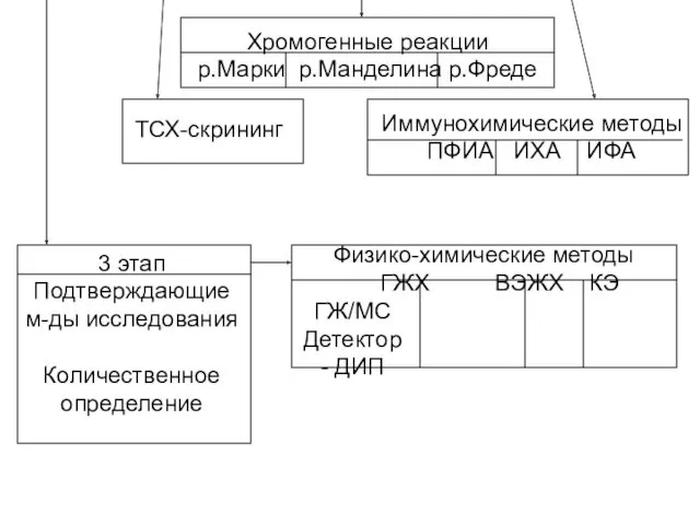 ТСХ-скрининг Хромогенные реакции р.Марки р.Манделина р.Фреде Иммунохимические методы ПФИА ИХА