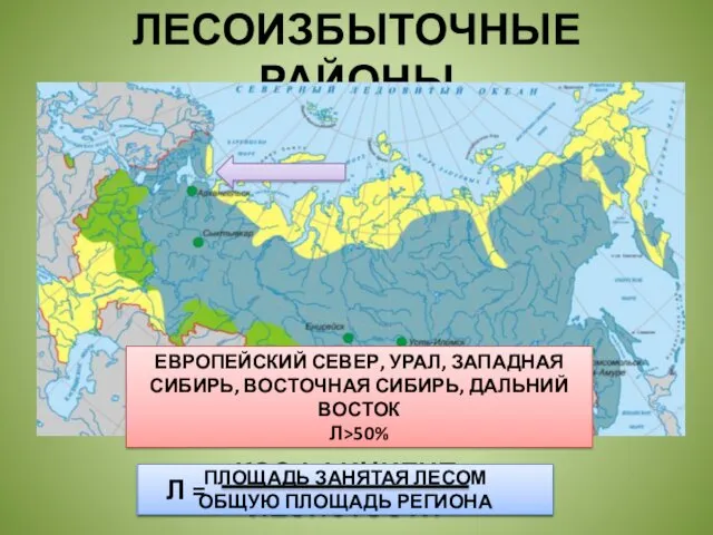 ЛЕСОИЗБЫТОЧНЫЕ РАЙОНЫ ЕВРОПЕЙСКИЙ СЕВЕР, УРАЛ, ЗАПАДНАЯ СИБИРЬ, ВОСТОЧНАЯ СИБИРЬ, ДАЛЬНИЙ ВОСТОК Л>50% КОЭФФИЦИЕНТ ЛЕСИСТОСТИ