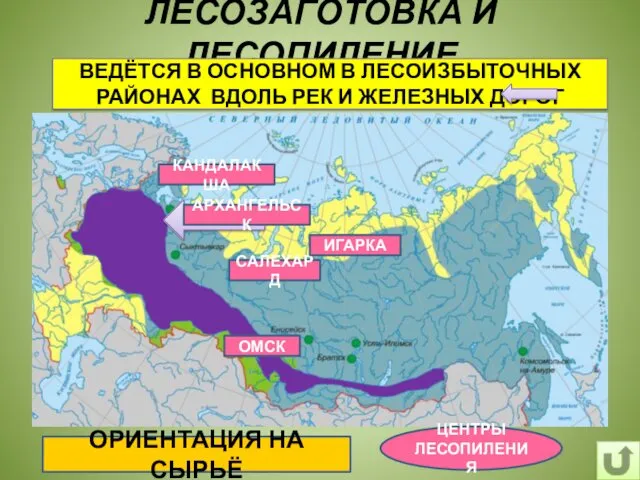 ЛЕСОЗАГОТОВКА И ЛЕСОПИЛЕНИЕ ВЕДЁТСЯ В ОСНОВНОМ В ЛЕСОИЗБЫТОЧНЫХ РАЙОНАХ ВДОЛЬ