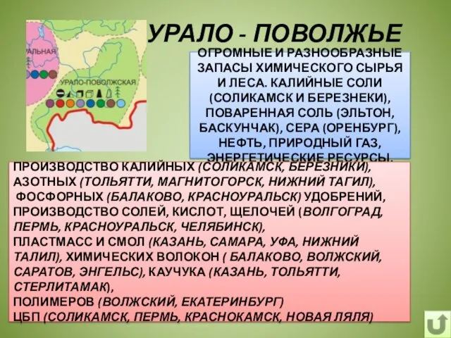 УРАЛО - ПОВОЛЖЬЕ СЫРЬЁ ОГРОМНЫЕ И РАЗНООБРАЗНЫЕ ЗАПАСЫ ХИМИЧЕСКОГО СЫРЬЯ