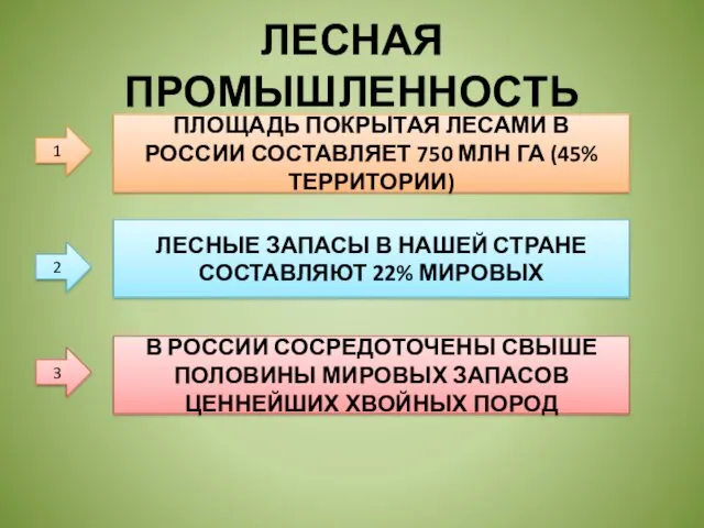 ЛЕСНАЯ ПРОМЫШЛЕННОСТЬ 1 ПЛОЩАДЬ ПОКРЫТАЯ ЛЕСАМИ В РОССИИ СОСТАВЛЯЕТ 750