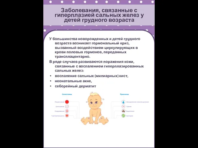 Заболевания, связанные с гиперплазией сальных желез у детей грудного возраста У большинства новорожденных