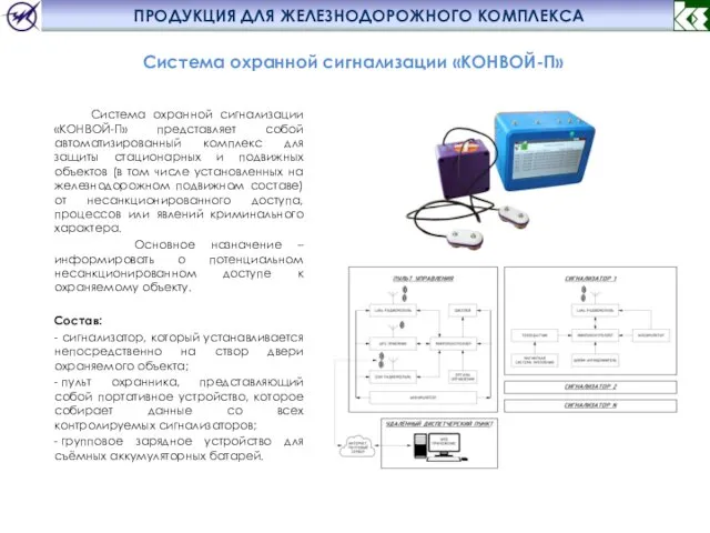 ПРОДУКЦИЯ ДЛЯ ЖЕЛЕЗНОДОРОЖНОГО КОМПЛЕКСА Система охранной сигнализации «КОНВОЙ-П» Система охранной