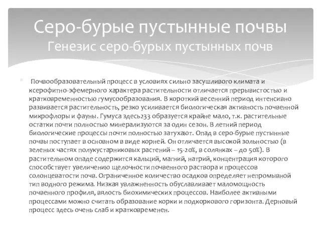 Почвообразовательный процесс в условиях сильно засушливого климата и ксерофитно-эфемерного характера растительности отличается прерывистостью