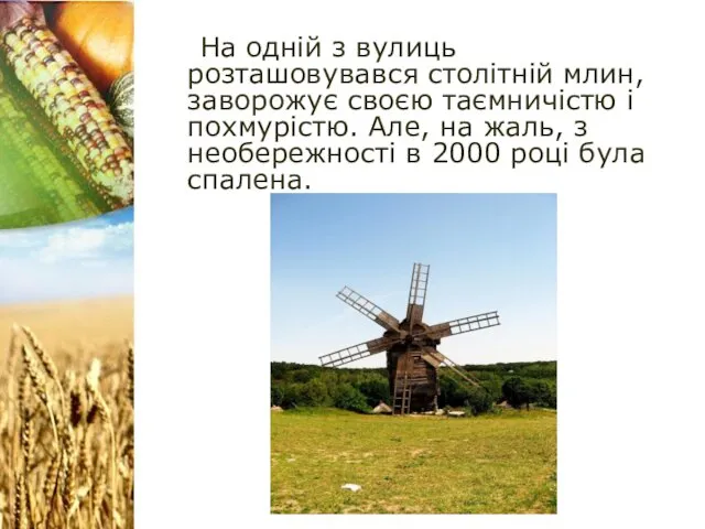 На одній з вулиць розташовувався столітній млин, заворожує своєю таємничістю і похмурістю. Але,