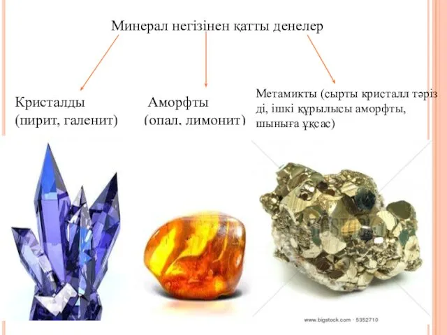 Минерал негізінен қатты денелер Кристалды (пирит, галенит) Аморфты (опал, лимонит) Метамикты (сырты кристалл