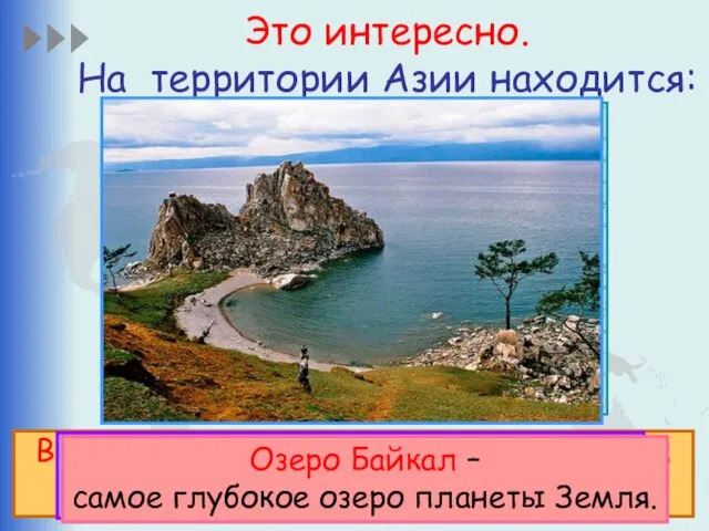 Это интересно. На территории Азии находится: Высочайшая вершина мира Джомолунгма