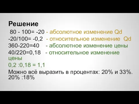 Решение 80 - 100= -20 - абсолютное изменение Qd -20/100=