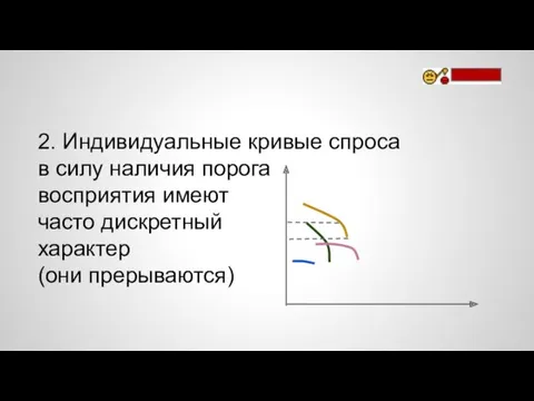 2. Индивидуальные кривые спроса в силу наличия порога восприятия имеют часто дискретный характер (они прерываются)