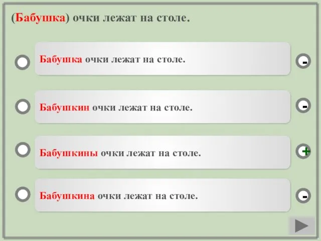 (Бабушка) очки лежат на столе. Бабушкины очки лежат на столе.