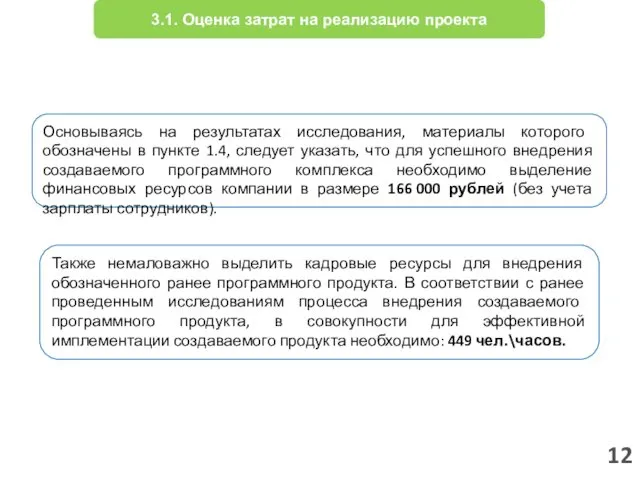 12 3.1. Оценка затрат на реализацию проекта Основываясь на результатах