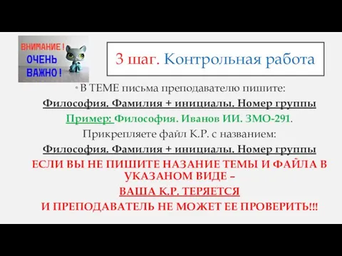 3 шаг. Контрольная работа В ТЕМЕ письма преподавателю пишите: Философия.