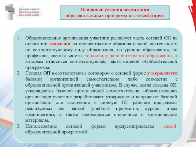 Основные условия реализации образовательных программ в сетевой форме Образовательная организация-участник